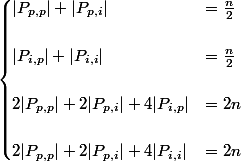 \begin{cases}|P_{p,p}| + |P_{p,i}| &= \frac{n}{2} \\
 \\ |P_{i,p}| + |P_{i,i}| &=\frac{n}{2} \\
 \\ 2|P_{p,p}|+2|P_{p,i}|+4|P_{i,p}| &= 2n \\
 \\ 2|P_{p,p}|+2|P_{p,i}|+4|P_{i,i}| &= 2n
 \\ \end{cases}